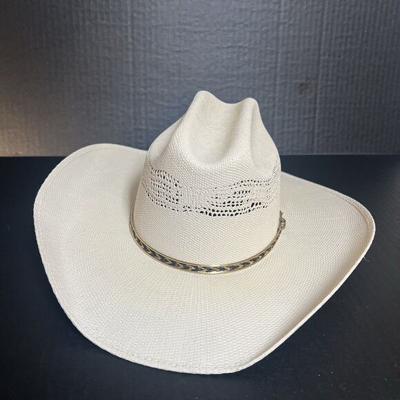 bandora ivory colored hardened straw hat with black band  6 3/4 54cm - Picture 1 of 8